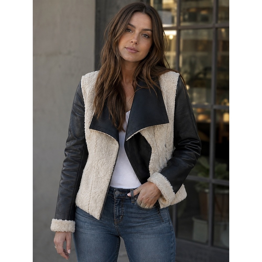 FC Jeans Women Faux Fur Lined Moto Jacket Black Cream Sz S Sherpa Vegan Leather